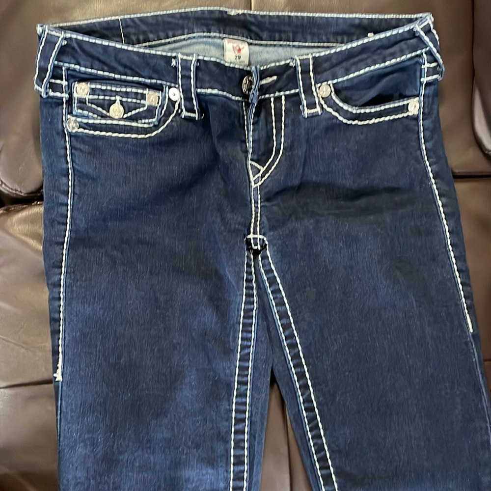 True Religion dark wash white stitching skinny jeans, size 29